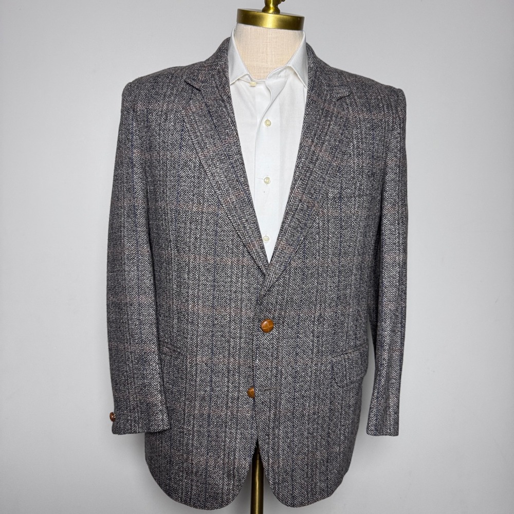 1970s Rembrandt Blazer‎ Mens 40S Gray Herringbone Plaid Wool 2-Button Vintage